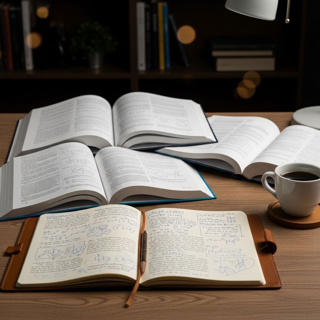 Bureau de travail avec des livres académiques ouverts, un carnet de notes manuscrites et une tasse de café, lumière chaude de bureau, atmosphère de recherche et d'étude approfondie