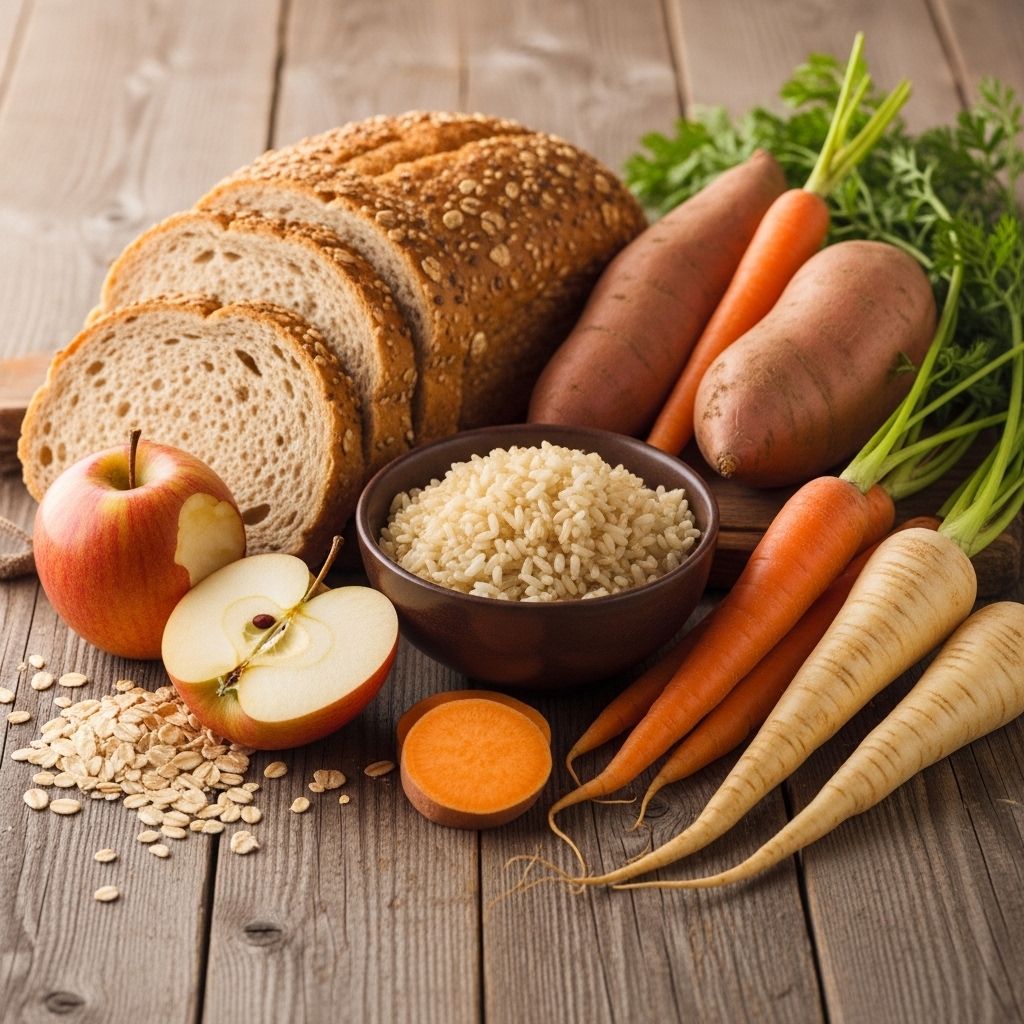 Variété de glucides complexes incluant du pain complet, du riz brun et des légumes racines disposés sur une table rustique en bois