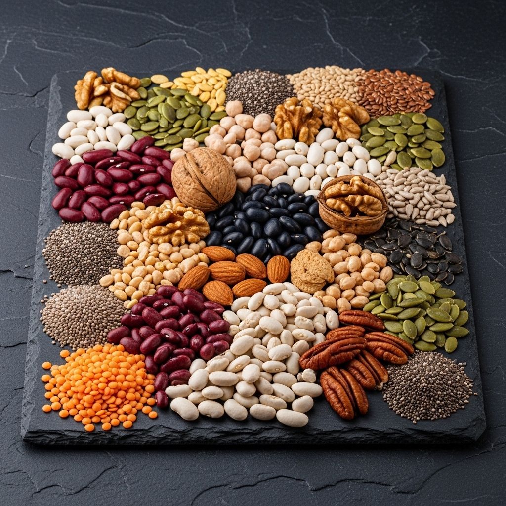 Sélection de sources de protéines naturelles incluant des légumineuses, des noix et des graines disposées sur une surface texturée en ardoise sombre